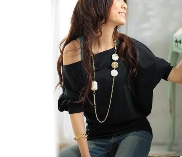 Women Trendy Off Shoulder Female Buttons Top Tees Tshirt Cotton Women 4 colors