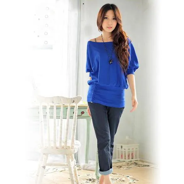 Women Trendy Off Shoulder Female Buttons Top Tees Tshirt Cotton Women 4 colors