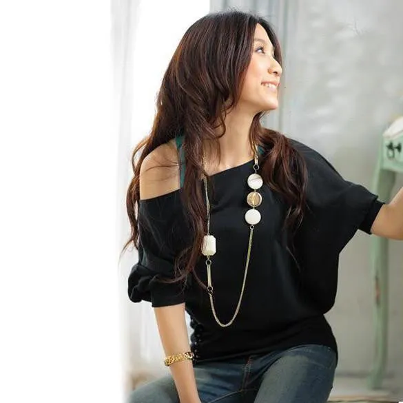 Women Trendy Off Shoulder Female Buttons Top Tees Tshirt Cotton Women 4 colors