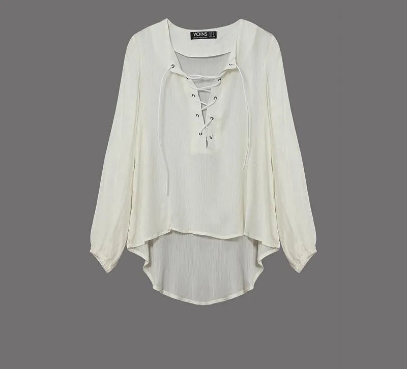 Women White Lace Up V-neck Long Sleeve Blouse Tops Casual Loose Shirts