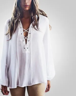 Women White Lace Up V-neck Long Sleeve Blouse Tops Casual Loose Shirts
