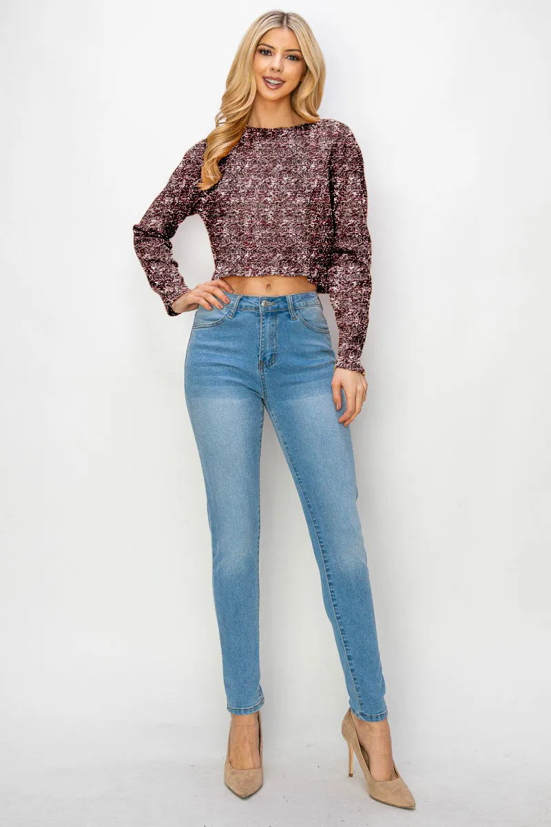 Women's Basic Lightweight Crop Top Crew Neck Casual Workout Shirts Solid Long Sleeve Ribbed T-Shirts
