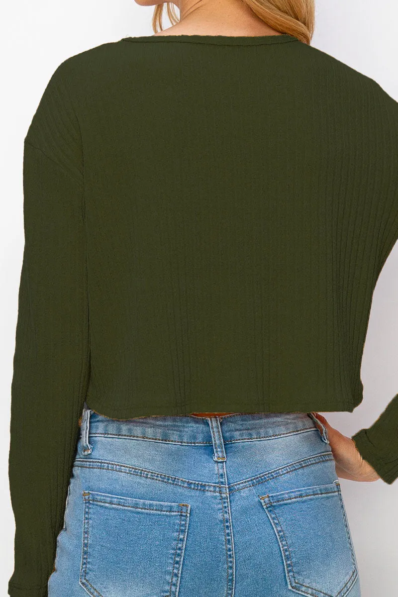 Women's Basic Lightweight Crop Top Crew Neck Casual Workout Shirts Solid Long Sleeve Ribbed T-Shirts