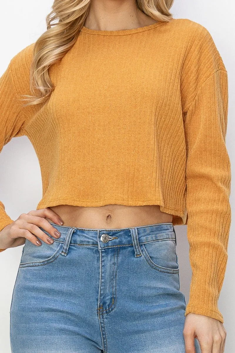 Women's Basic Lightweight Crop Top Crew Neck Casual Workout Shirts Solid Long Sleeve Ribbed T-Shirts