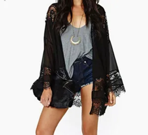 Womens Casual Vintage Boho Kimono Cardigan Lace Crochet Chiffon Loose Blouse Tops Beige Black White