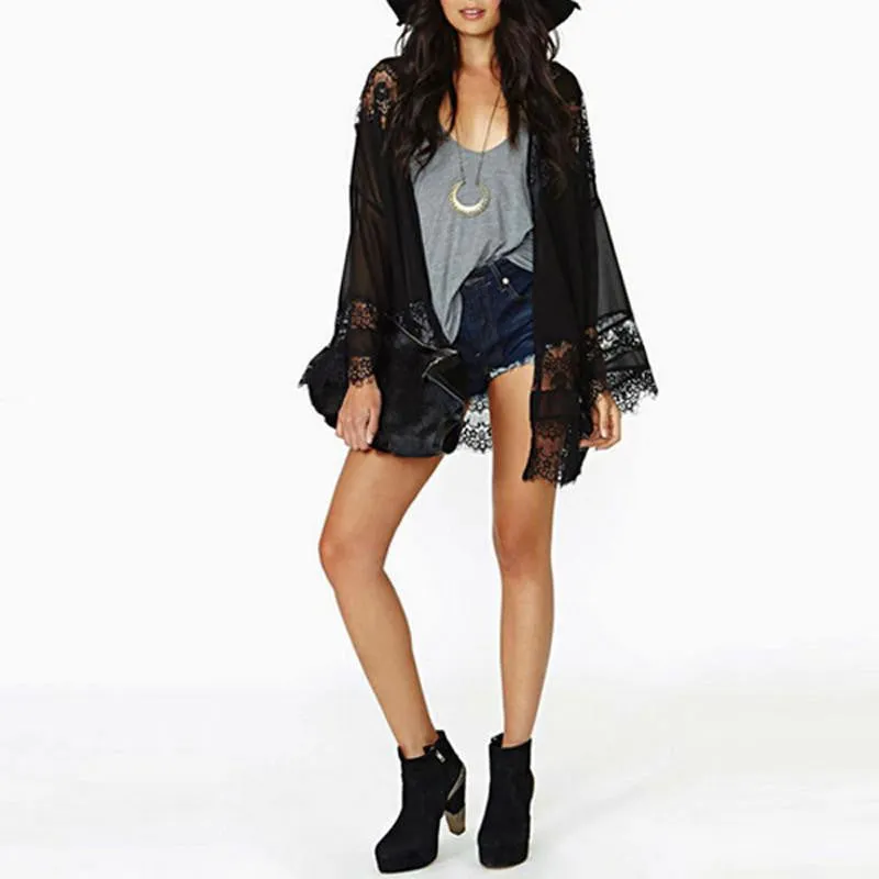 Womens Casual Vintage Boho Kimono Cardigan Lace Crochet Chiffon Loose Blouse Tops Beige Black White