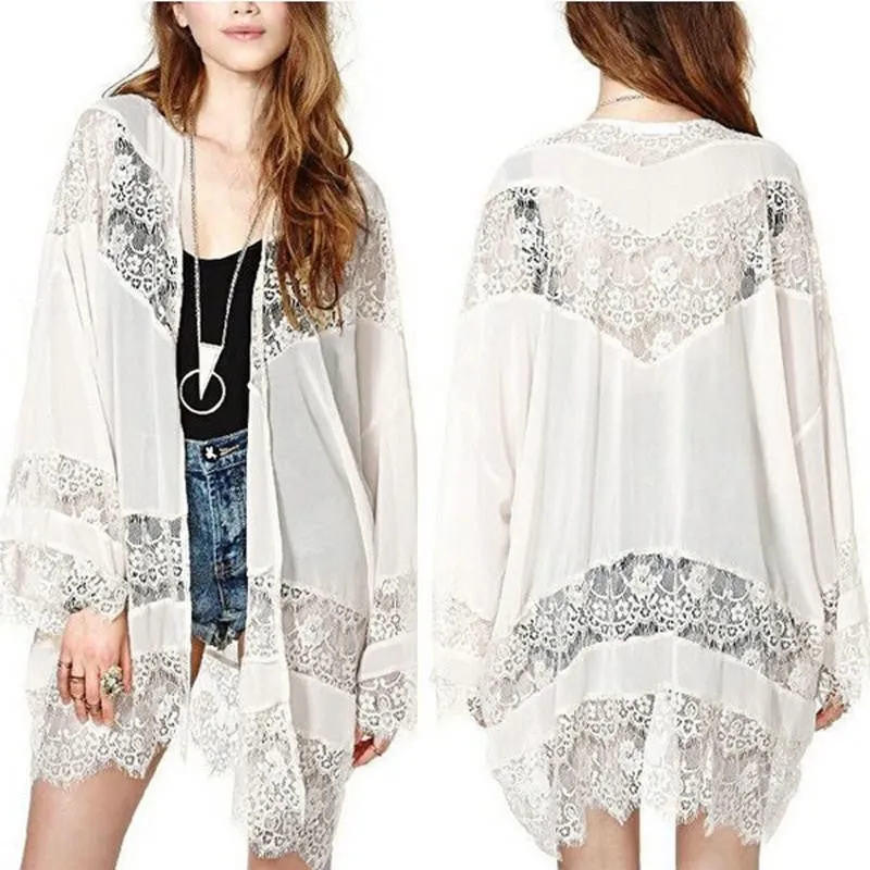 Womens Casual Vintage Boho Kimono Cardigan Lace Crochet Chiffon Loose Blouse Tops Beige Black White