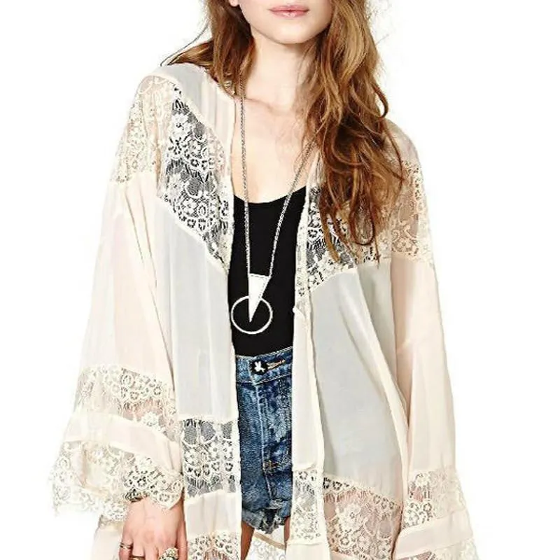 Womens Casual Vintage Boho Kimono Cardigan Lace Crochet Chiffon Loose Blouse Tops Beige Black White