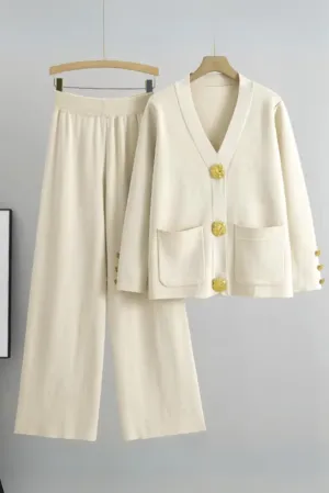 Womens Elegant Knit Sweater Set with Gold Button Accents
