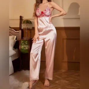 Women's Embroidery Silky Soft Pink Pajama Set