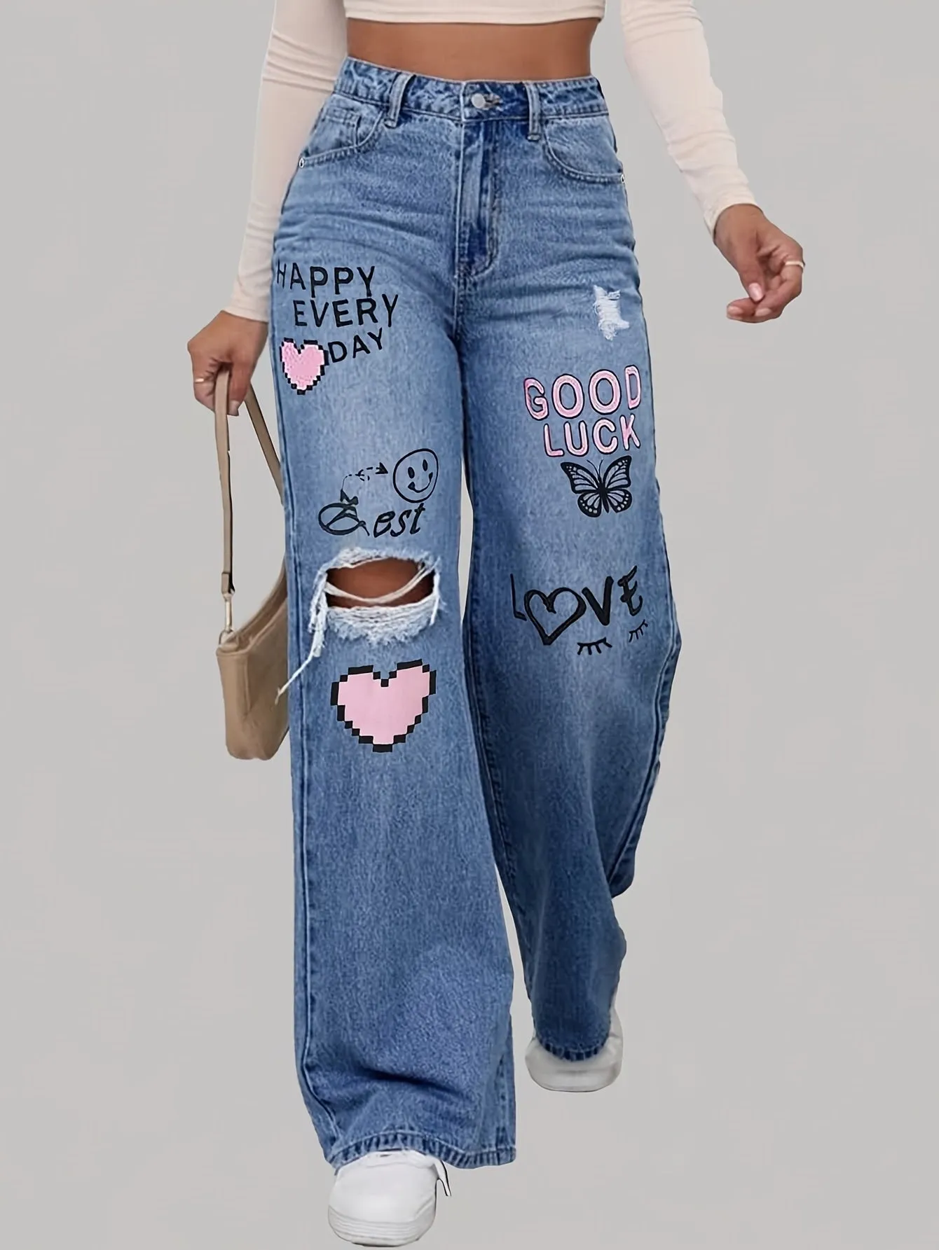 Women's High-Waisted Distressed Denim Jeans – Straight Leg Casual Style