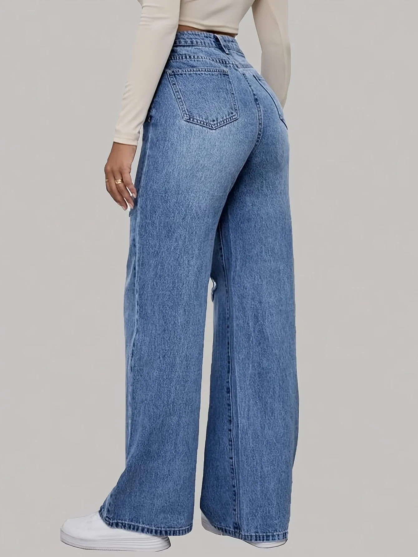 Women's High-Waisted Distressed Denim Jeans – Straight Leg Casual Style