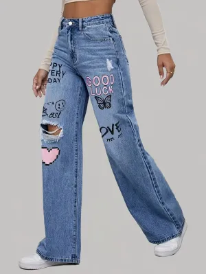 Women's High-Waisted Distressed Denim Jeans – Straight Leg Casual Style