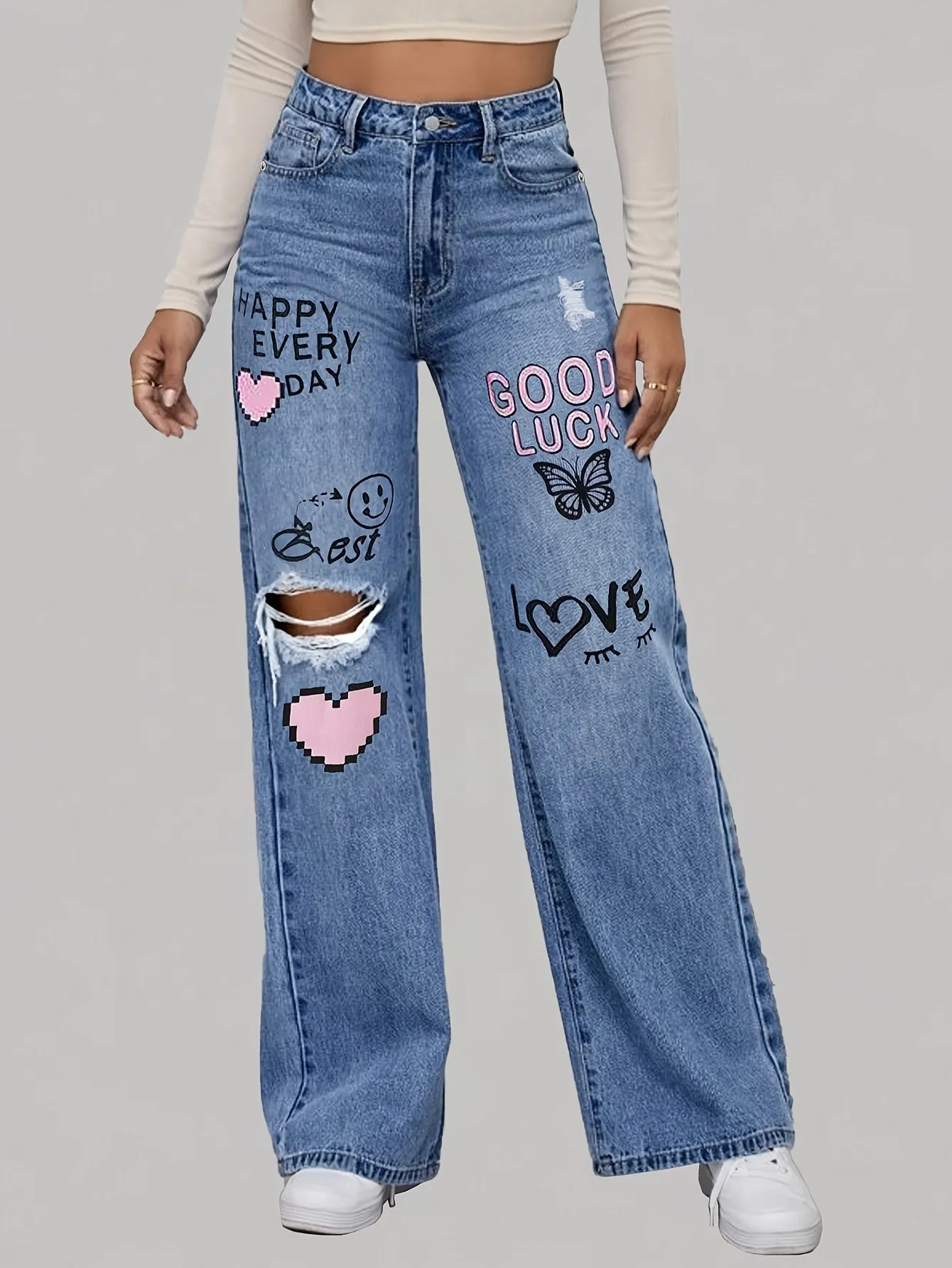Women's High-Waisted Distressed Denim Jeans – Straight Leg Casual Style