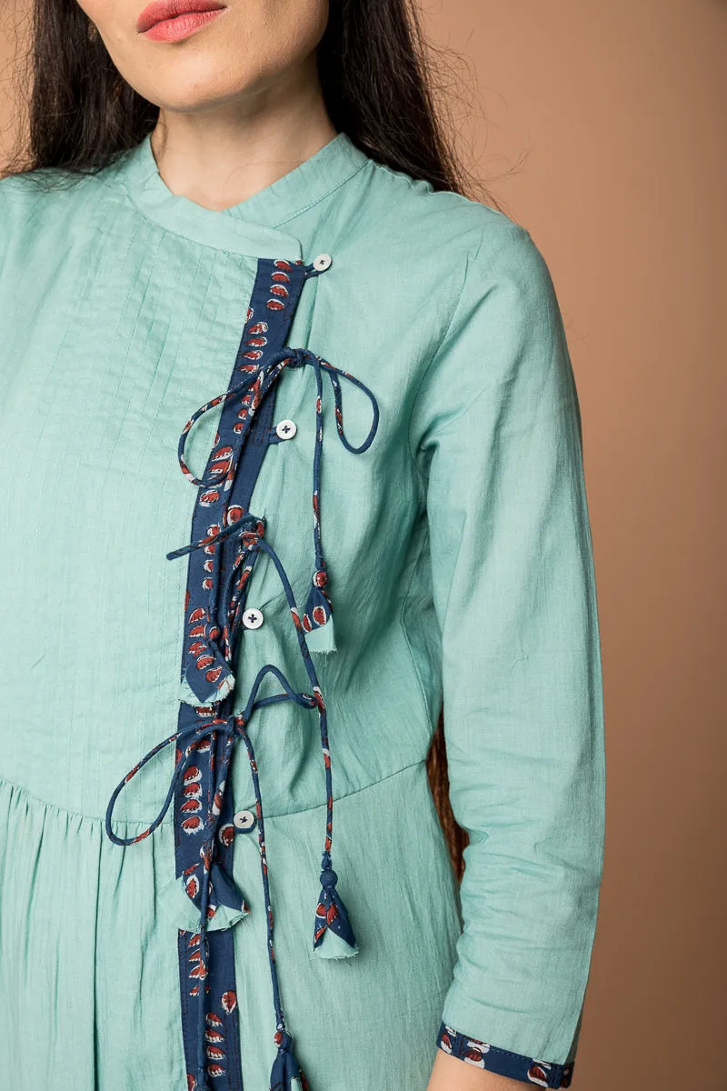 Wrap Dress with pin-tucks in Sea Foam Green cotton