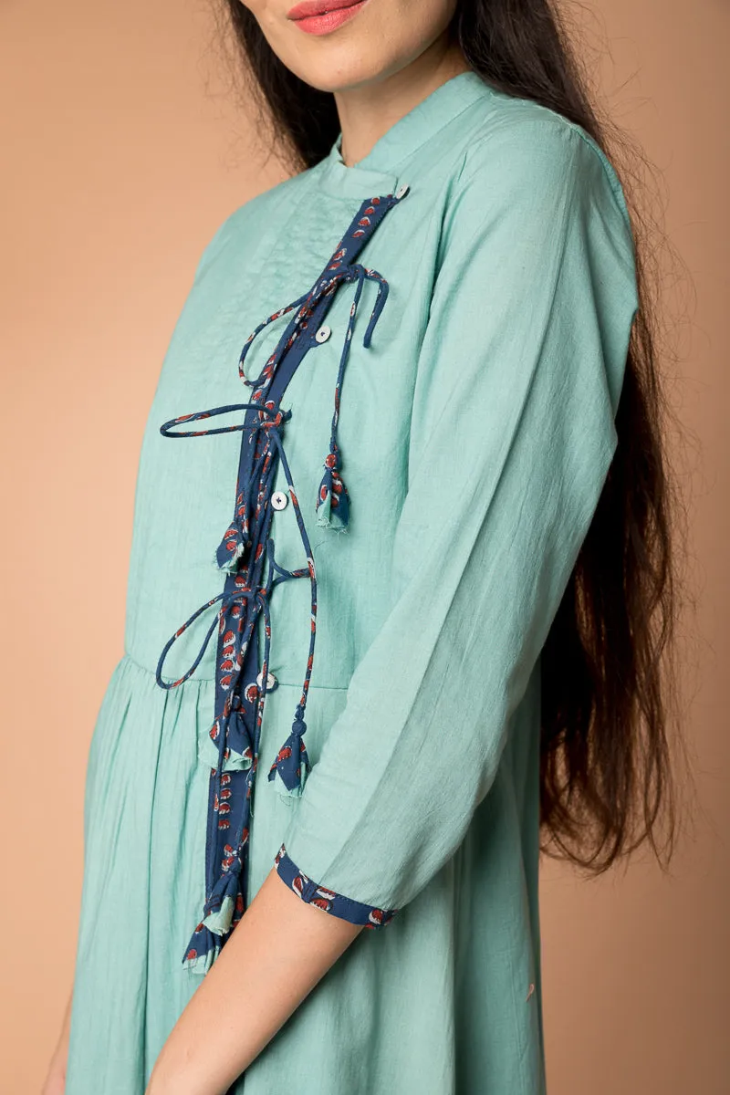 Wrap Dress with pin-tucks in Sea Foam Green cotton