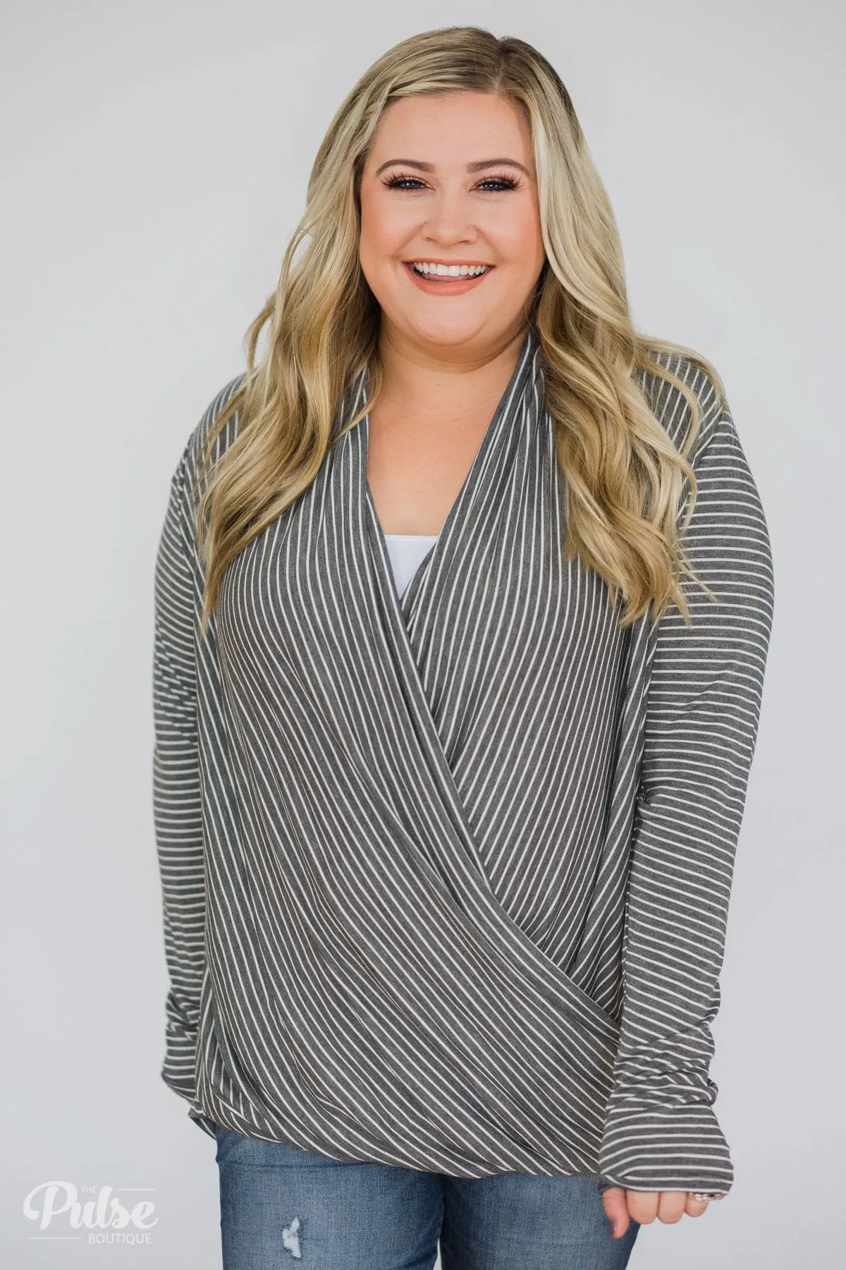 Wrap It Up Long Sleeve Striped Top- Charcoal Grey