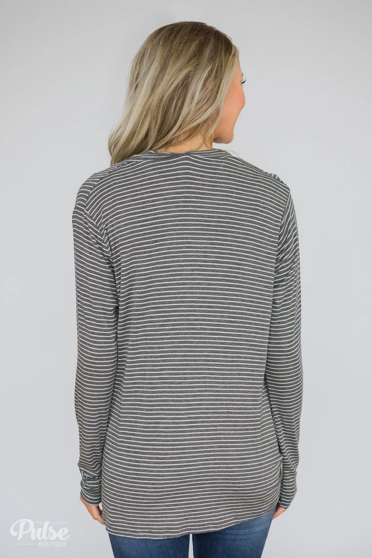 Wrap It Up Long Sleeve Striped Top- Charcoal Grey
