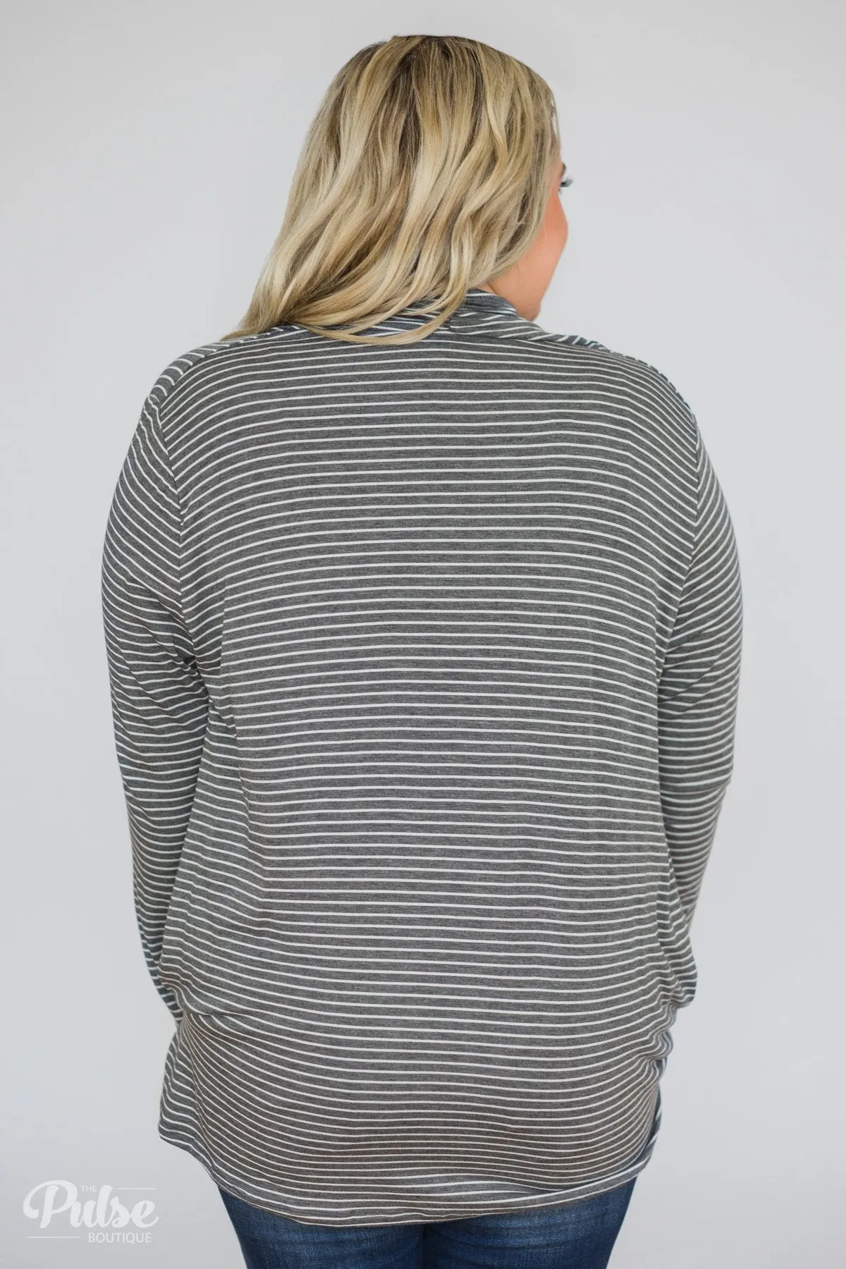 Wrap It Up Long Sleeve Striped Top- Charcoal Grey