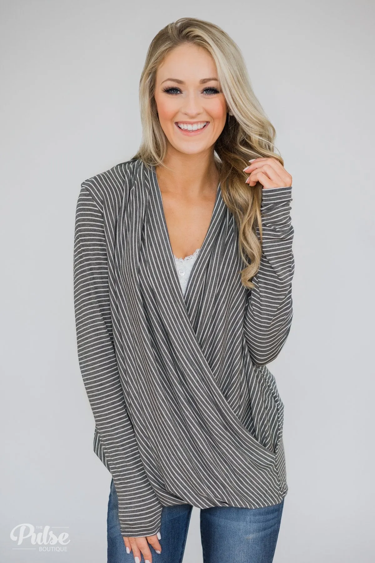 Wrap It Up Long Sleeve Striped Top- Charcoal Grey