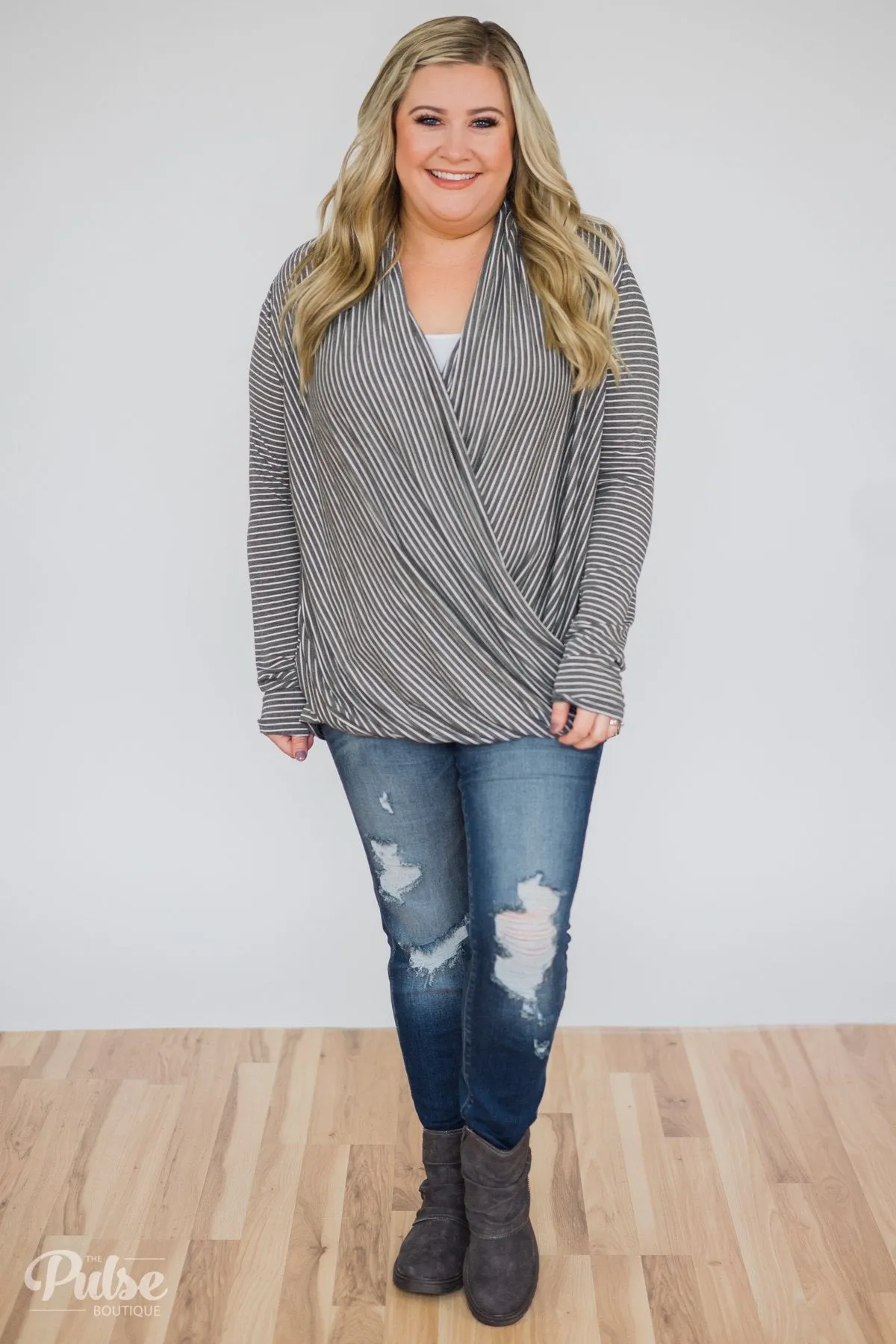Wrap It Up Long Sleeve Striped Top- Charcoal Grey