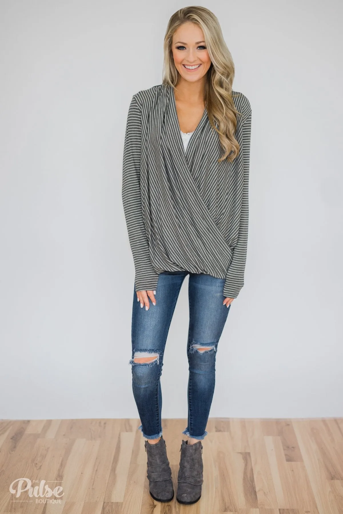 Wrap It Up Long Sleeve Striped Top- Charcoal Grey