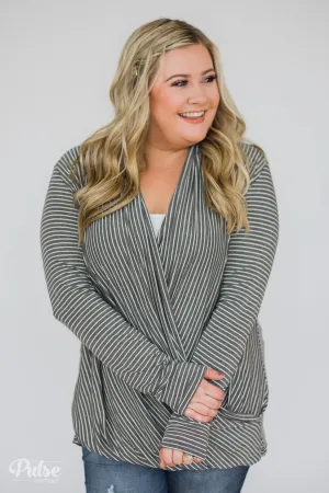 Wrap It Up Long Sleeve Striped Top- Charcoal Grey