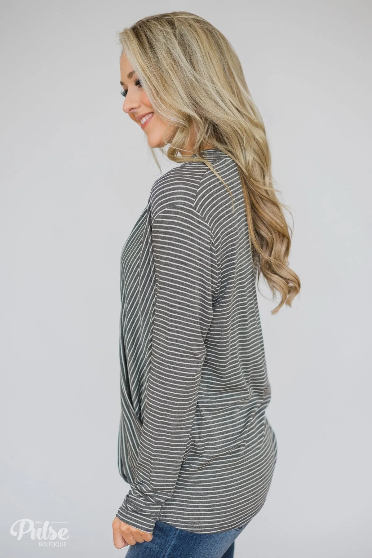 Wrap It Up Long Sleeve Striped Top- Charcoal Grey