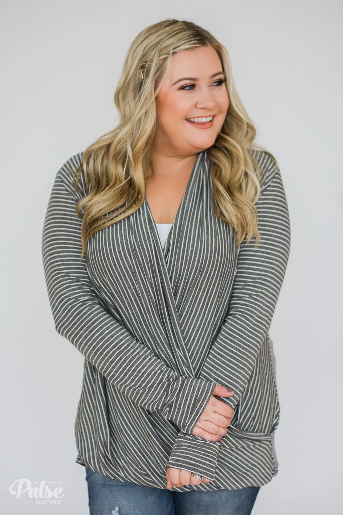 Wrap It Up Long Sleeve Striped Top- Charcoal Grey