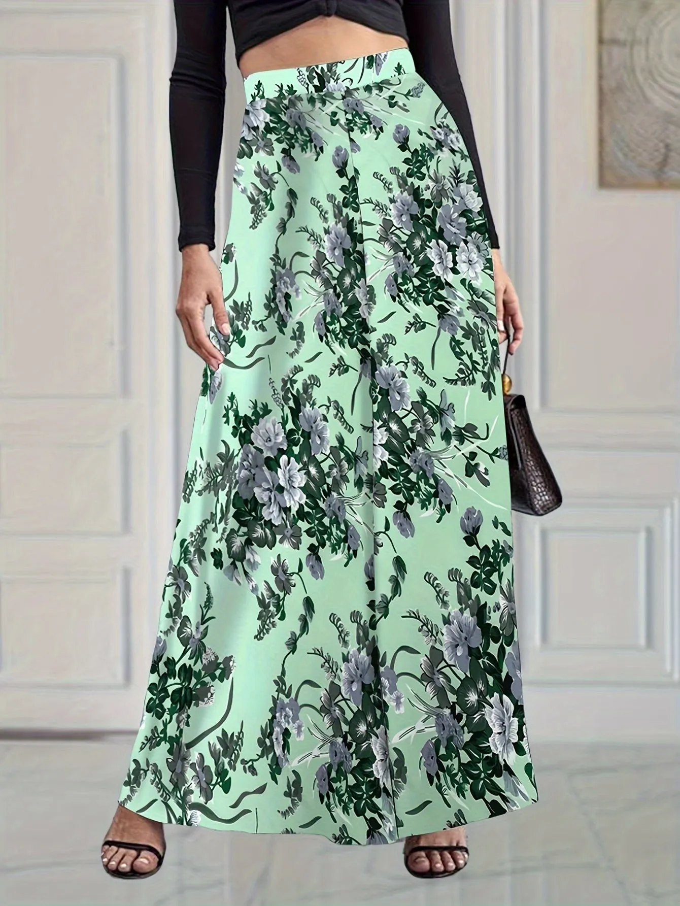 xieyinshe  Floral Print Wide Leg Pants, Elegant High Waist Flowy Pants, Women's Clothing