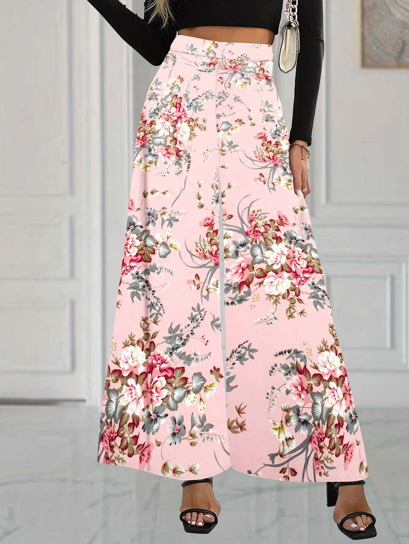 xieyinshe  Floral Print Wide Leg Pants, Elegant High Waist Flowy Pants, Women's Clothing