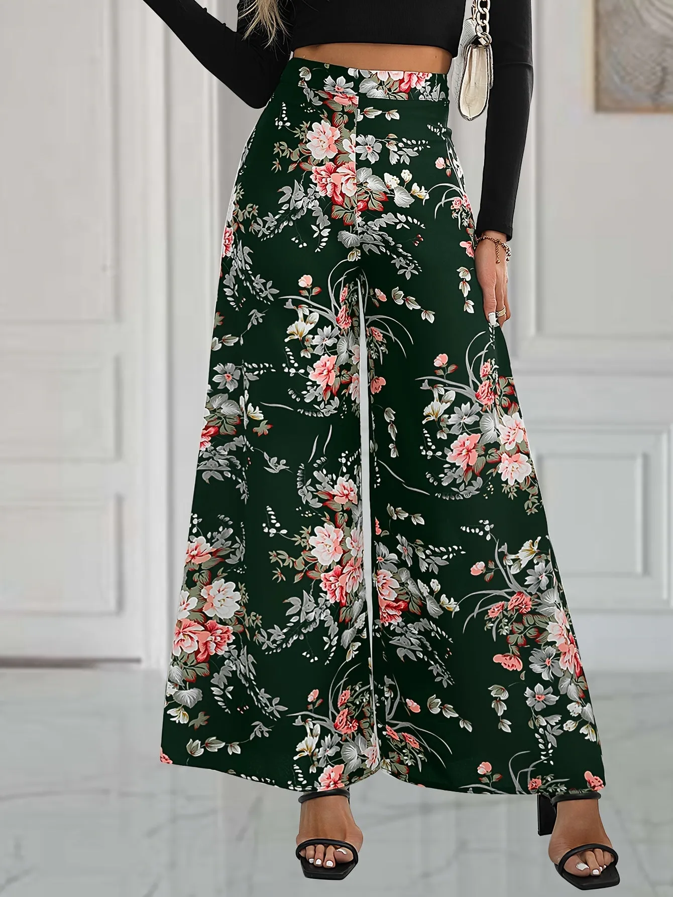 xieyinshe  Floral Print Wide Leg Pants, Elegant High Waist Flowy Pants, Women's Clothing