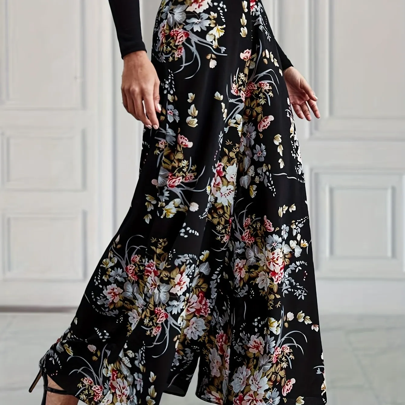 xieyinshe  Floral Print Wide Leg Pants, Elegant High Waist Flowy Pants, Women's Clothing