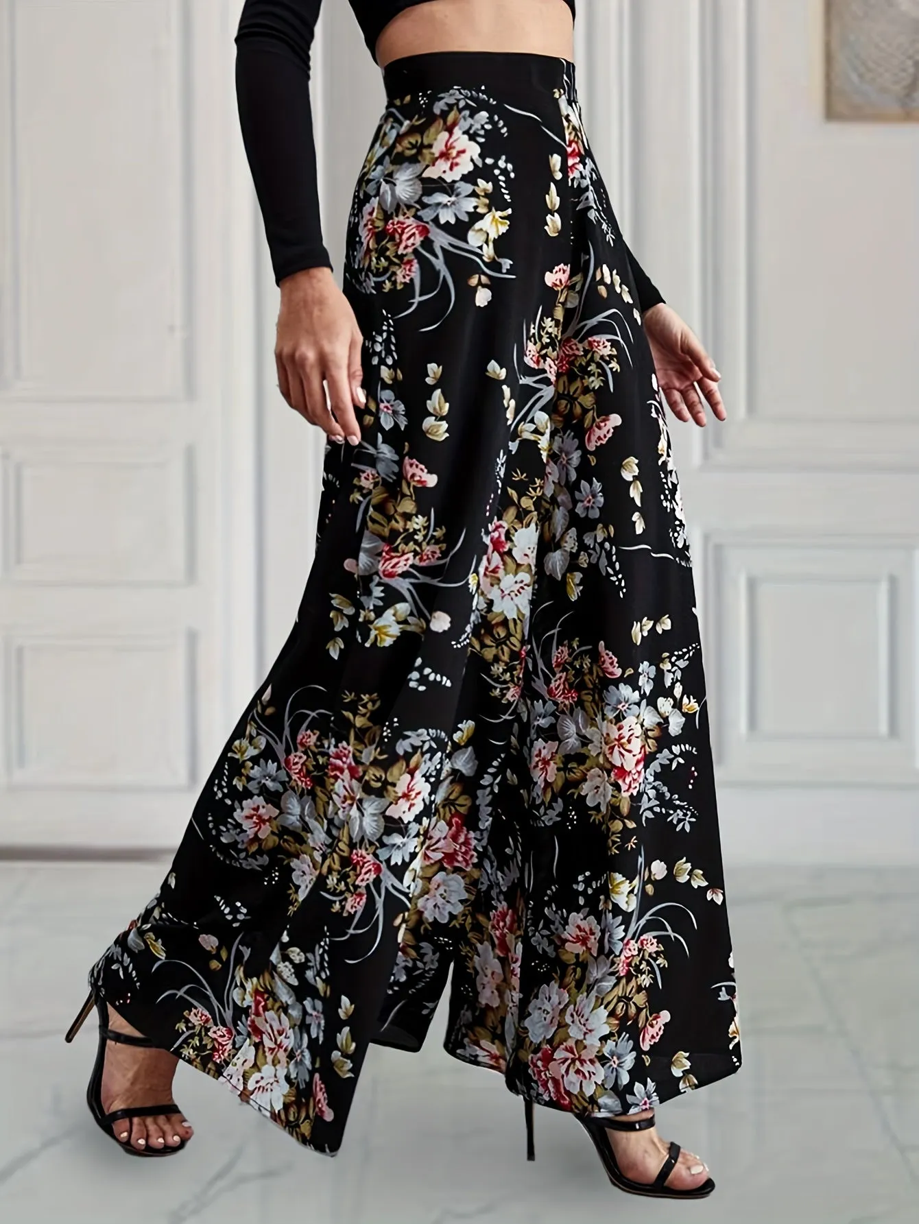 xieyinshe  Floral Print Wide Leg Pants, Elegant High Waist Flowy Pants, Women's Clothing