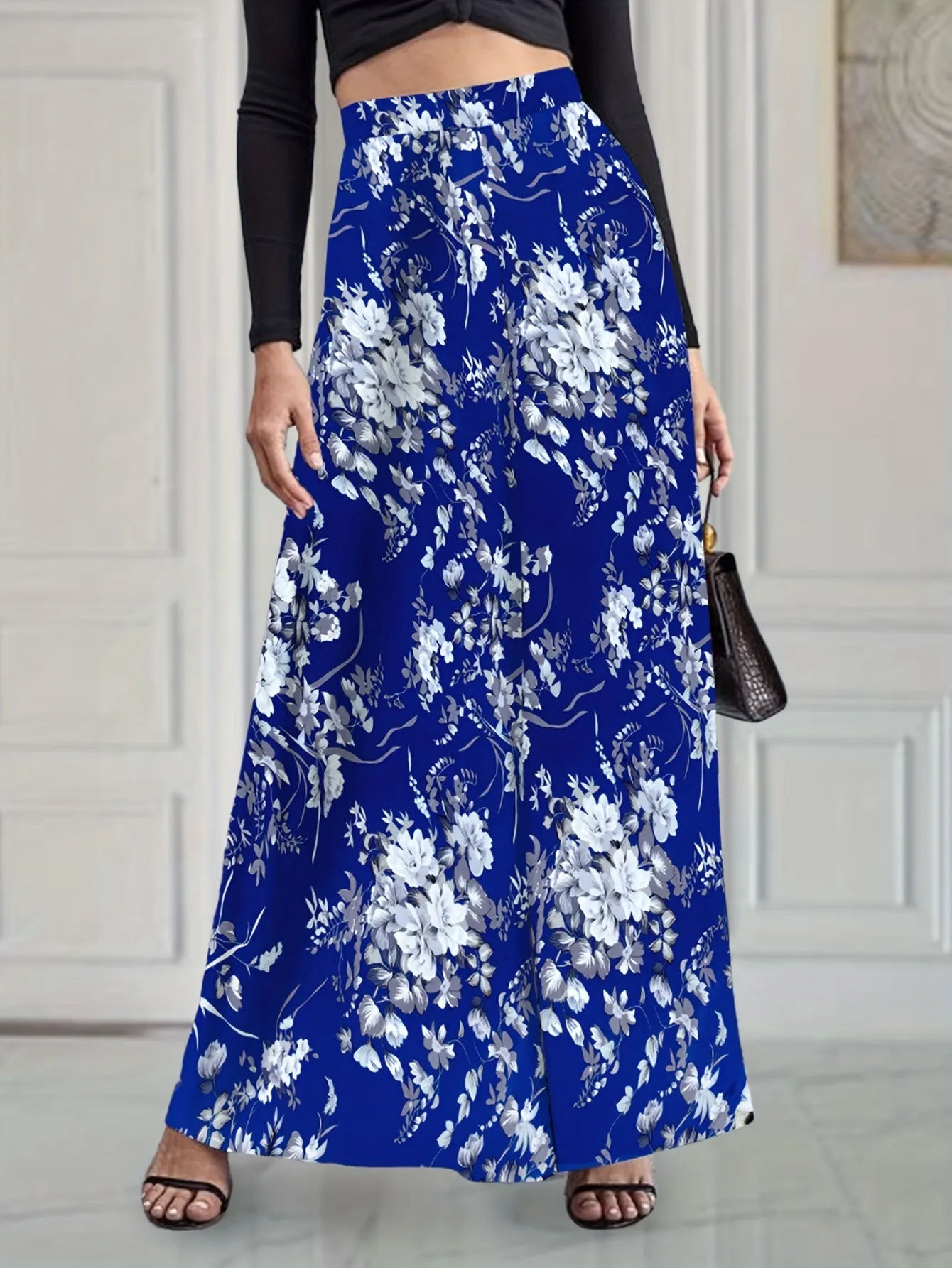 xieyinshe  Floral Print Wide Leg Pants, Elegant High Waist Flowy Pants, Women's Clothing