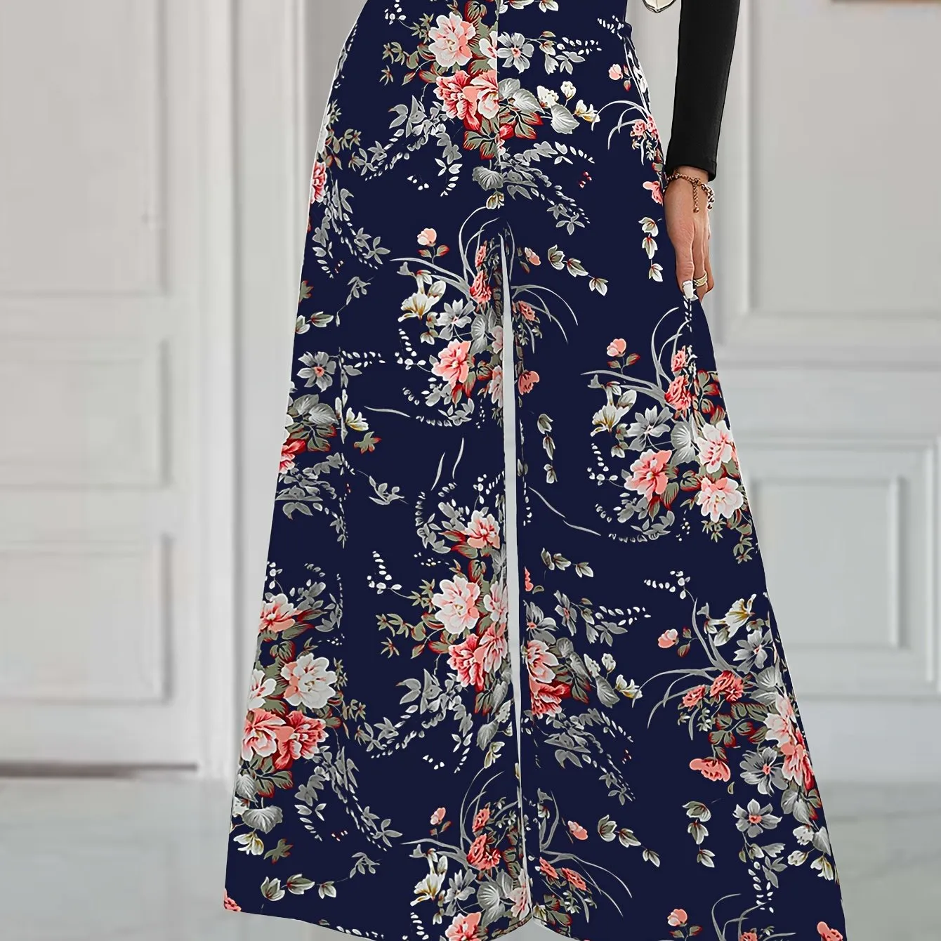 xieyinshe  Floral Print Wide Leg Pants, Elegant High Waist Flowy Pants, Women's Clothing
