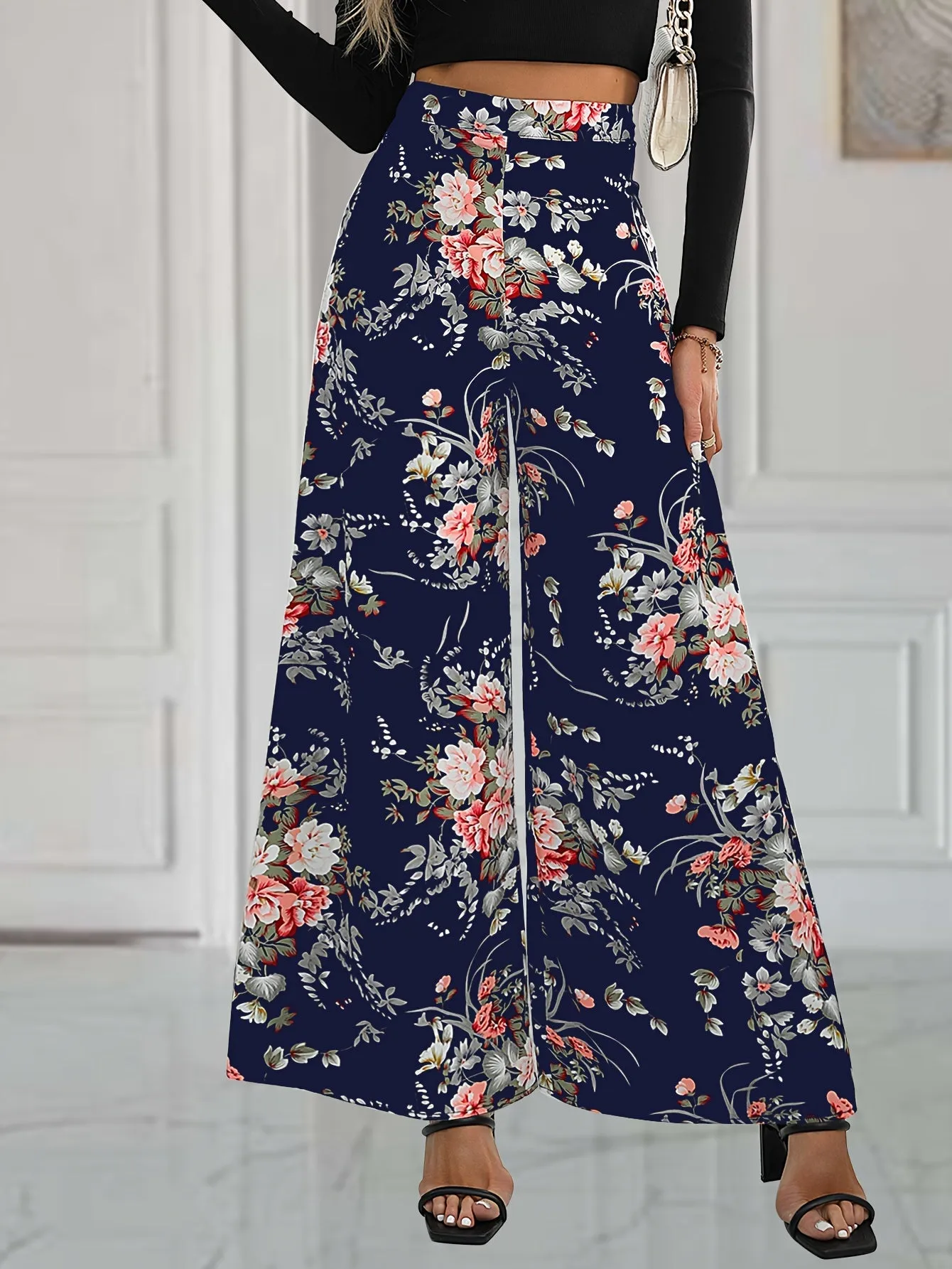 xieyinshe  Floral Print Wide Leg Pants, Elegant High Waist Flowy Pants, Women's Clothing