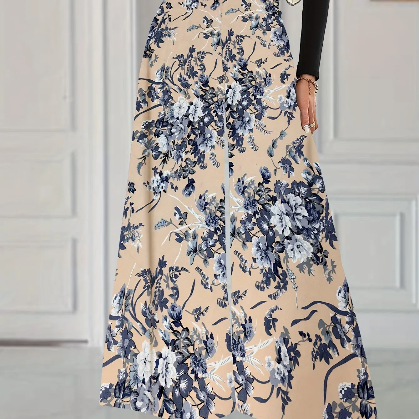 xieyinshe  Floral Print Wide Leg Pants, Elegant High Waist Flowy Pants, Women's Clothing