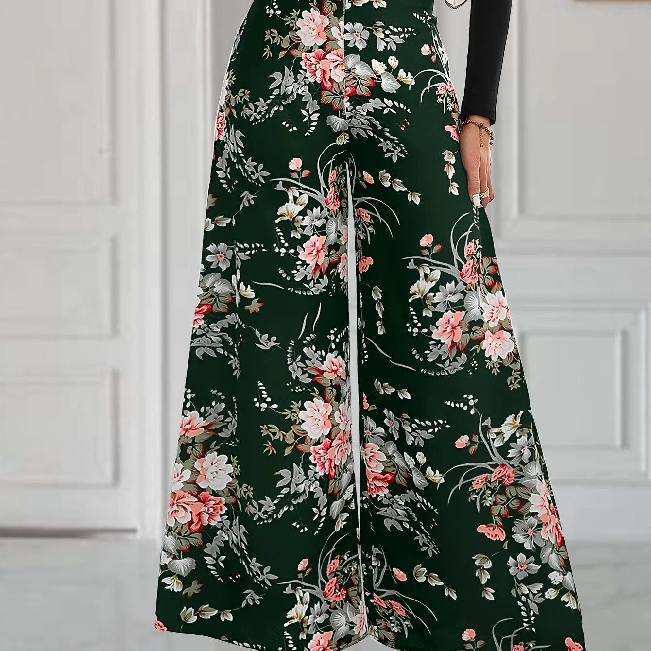 xieyinshe  Floral Print Wide Leg Pants, Elegant High Waist Flowy Pants, Women's Clothing