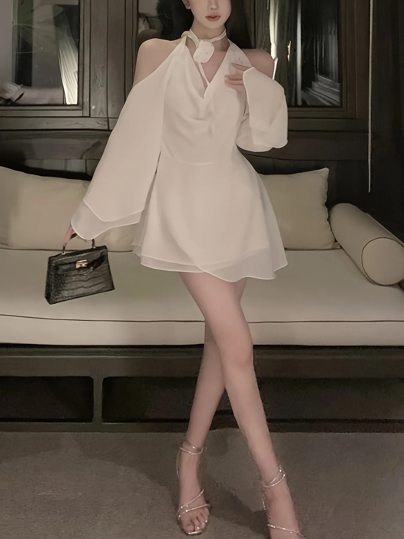 xieyinshe  Solid Cowl Neck Tied Halter Dress, Elegant Long Sleeve Backless Flowy Stylish Dress, Women's Clothing