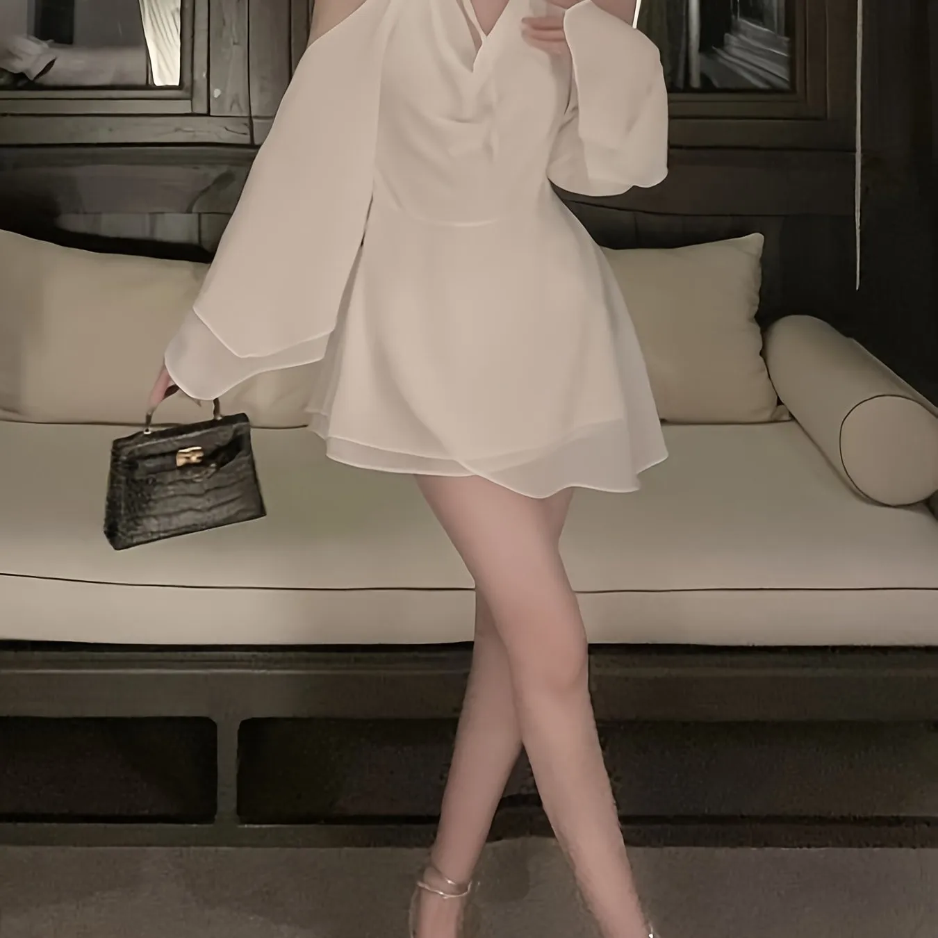 xieyinshe  Solid Cowl Neck Tied Halter Dress, Elegant Long Sleeve Backless Flowy Stylish Dress, Women's Clothing
