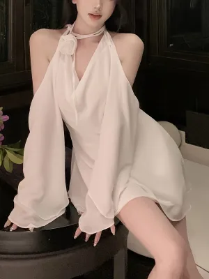 xieyinshe  Solid Cowl Neck Tied Halter Dress, Elegant Long Sleeve Backless Flowy Stylish Dress, Women's Clothing