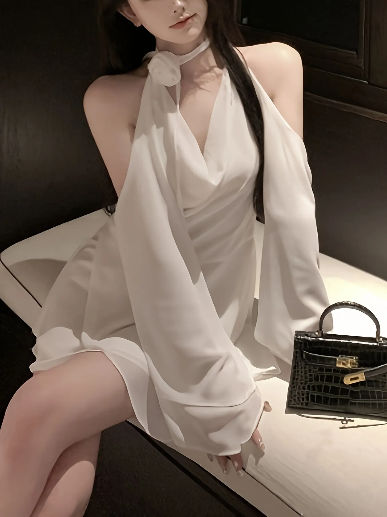 xieyinshe  Solid Cowl Neck Tied Halter Dress, Elegant Long Sleeve Backless Flowy Stylish Dress, Women's Clothing