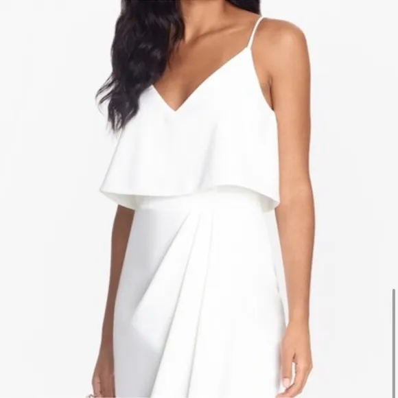 Xscape Scuba Crepe Popover Faux Wrap Gown In Ivory