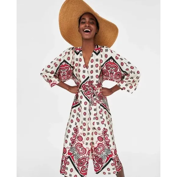 Zara paisley print wrap robe style midi dress white red