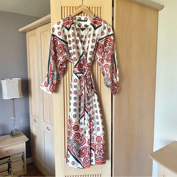 Zara paisley print wrap robe style midi dress white red