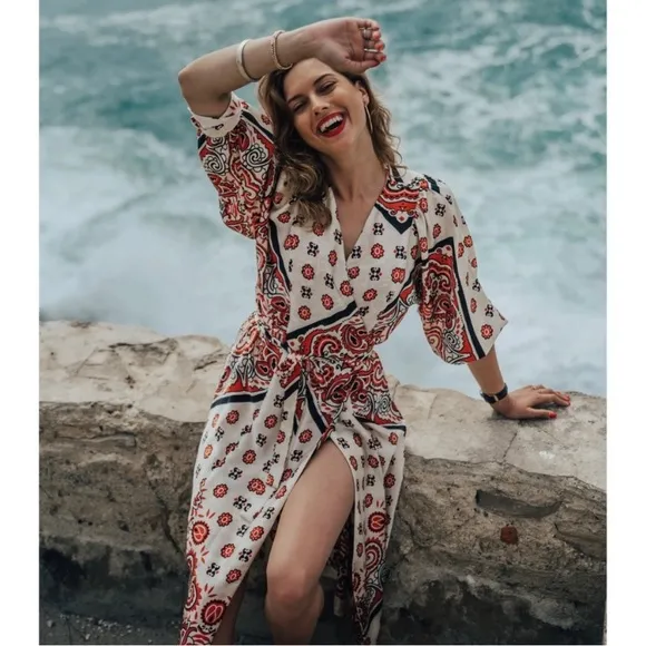 Zara paisley print wrap robe style midi dress white red