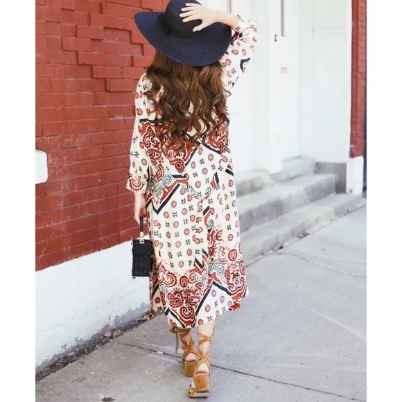 Zara paisley print wrap robe style midi dress white red