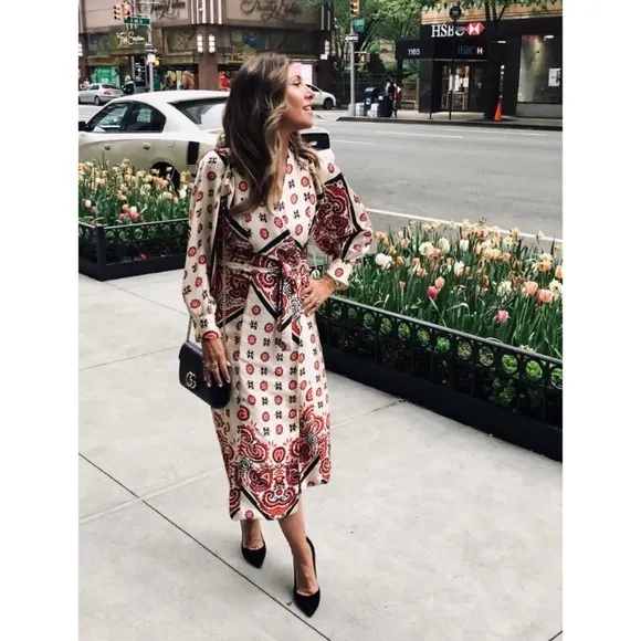 Zara paisley print wrap robe style midi dress white red