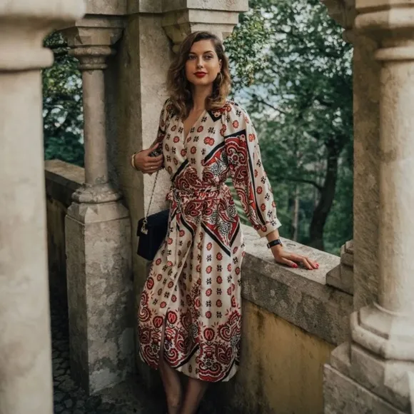 Zara paisley print wrap robe style midi dress white red